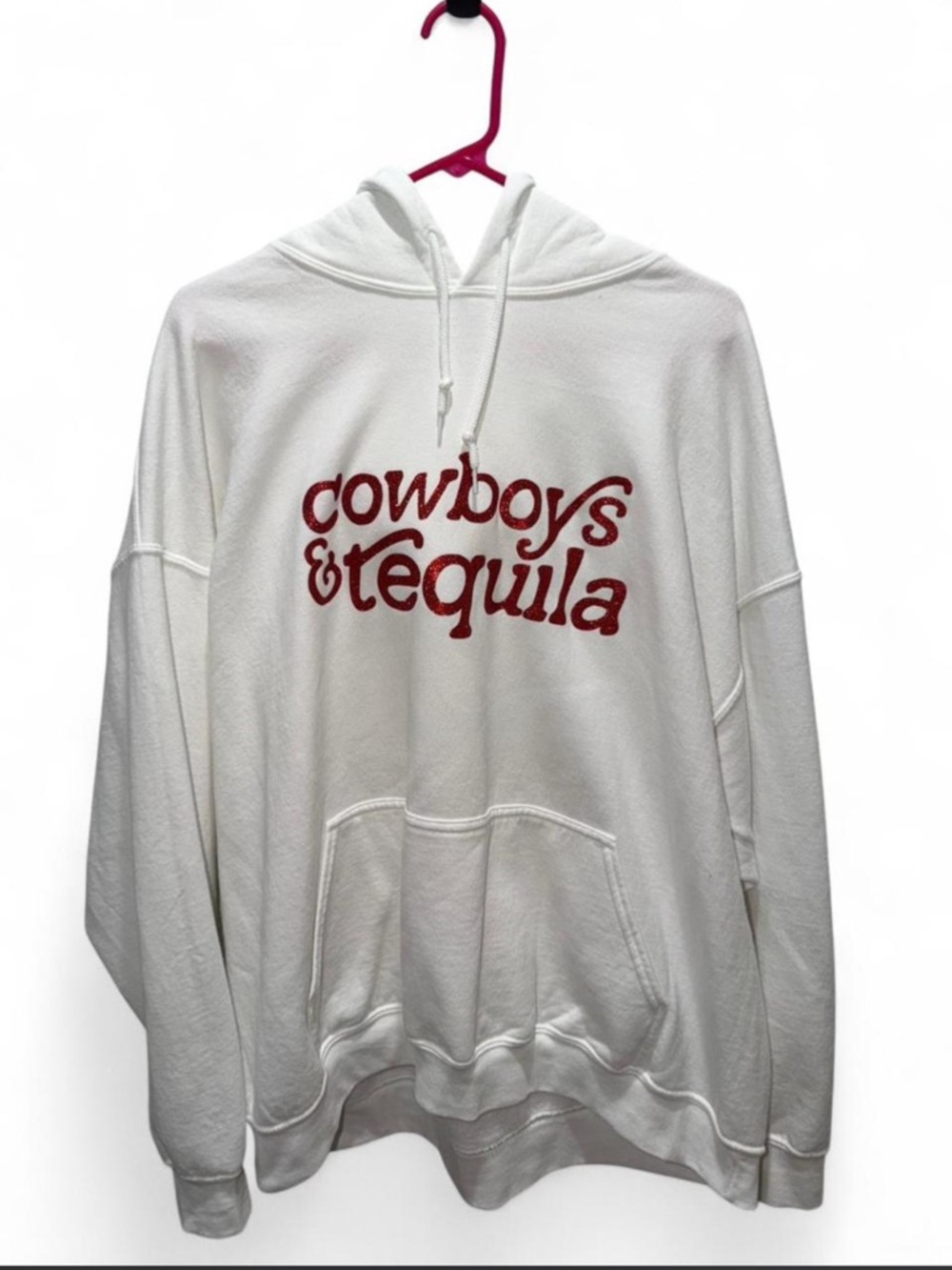 Gildan White Hoodie with Red "cowboys & tequila" Script